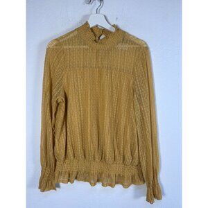 Adrianna Papell Womens Mustard Sheer Lace Ruffle Mock Neck Top XL L/S New